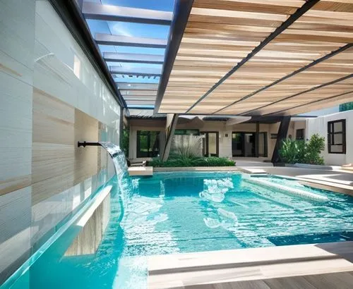 phillippe starck style architecture, Hyper real, pool, water wall realistic cascade, wooden and dark metallic pergola, south sun position, clarity 75, sharpened image, luxury,pool house,swimming pool,