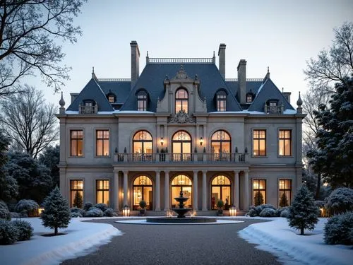 A majestic French Renaissance-style château, intricately crafted from pale limestone, stands at the end of a grand, gravel-covered driveway. Tall, slate-gray mansard roofs, symmetrical chimneys, and d