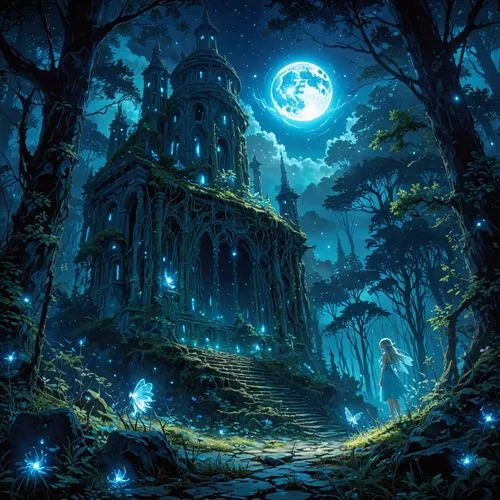 A painterly ancient relic in the middle of an enchanted forest, wisps, bioluminescent fairies, full moon, nighttime, anime,the painting shows a tower and some trees,fantasy picture,fantasy landscape,w