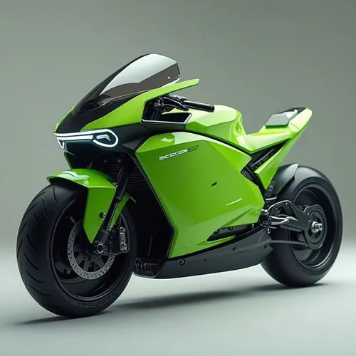 A futuristic electric motorcycle designed for the urban commuter. The body is sleek and compact, with sharp, angular lines and a lightweight aluminum frame. The wheels are integrated into the body to 