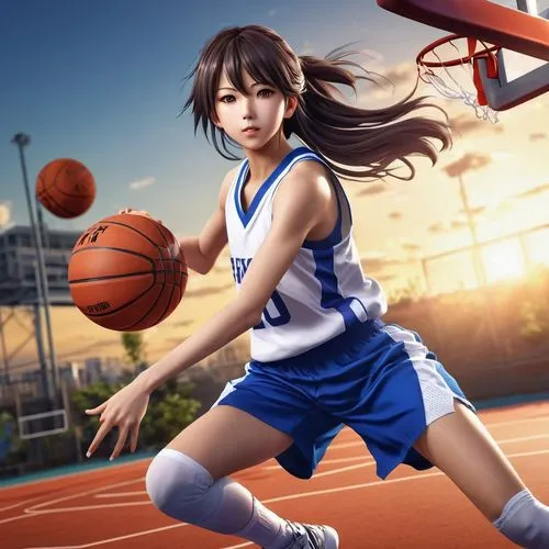 flying anime character,japanese style,girl,basketball,a woman on a basketball court holding a basketball,sports girl,basketball player,basketballer,kuroko,woman's basketball,basketball,Photography,Gen