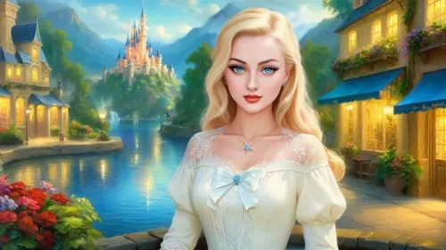 Romantic masterpiece oil painting, cute girl portrait, nostalgic 1950's style kitsch, breathtaking beautiful Disney kingdom landscape, majestic fantasy scenery, evening lighting, highly detailed highr