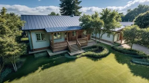 
Seam roof.,a large home with a metal roof on a big grassy lot,grass roof,small cabin,log cabin,garden elevation,inverted cottage,summer cottage,roof landscape,bungalow,chalet,forest house,holiday vil