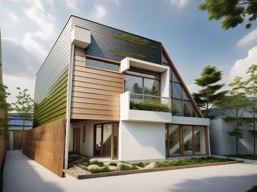 a modern house with a nice, curved - back window and balcony,modern house,grass roof,smart house,prefab,cubic house,folding roof