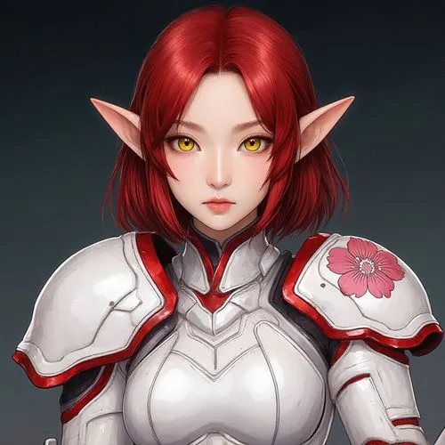 Manga style:

Jury, a 32-year-old Asian elf with Japanese features, pointed ears, shoulder-length scarlet hair, and yellow eyes.
She is clad in Warhammer 40k Sisters of Battle armor. The armor is whit