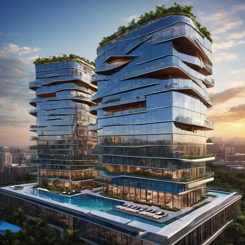 Two 14 stories, solor glass, renewable energies, triangular outer buildings, one 14 stories octagonal center building, three pools, one rooftop deck pool, balconies on one building,,skyscapers,futuris