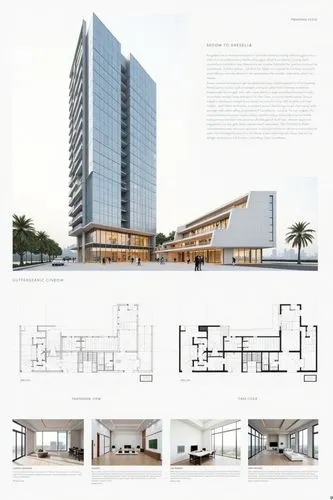 A professional architectural presentation board with a Pure background and a clean, minimalist design layout. The board includes:

Top Section: On the top left, a photorealistic render of a contempora