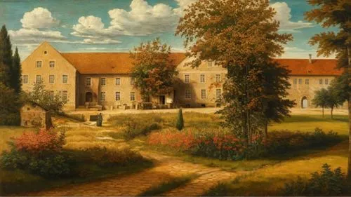 Oil painting, Lucas Cranach the Elder style, landscape, Renaissance, Middle Ages, impasto painting style, sunny summer weather, depicts the administrative building of the German monastery of St. Mary 