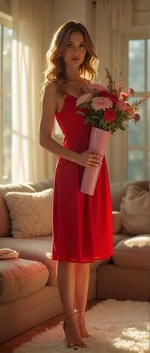 A cozy living room with plush furniture and bright lighting. A woman in a red dress stands on a plush rug, holding a slender pink vase filled with fresh flowers. The sun streams in through the large w