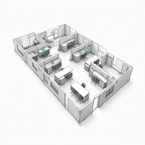 a 2D sketch arhitectural plan, a blueprint of an office floor with closed small offices, with 5 to 10 desks per office space, micro leasing


,the floor plan of a house showing desks and cubicles,isom