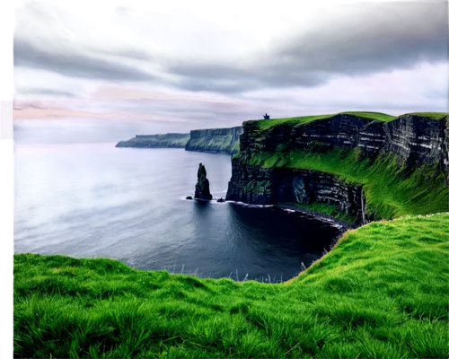 Cliffs of Moher, Ireland, majestic landscape, rugged cliffs, green grass, stone walls, misty atmosphere, dramatic clouds, sunrise lighting, panoramic view, cinematic composition, high contrast, 3/4 as
