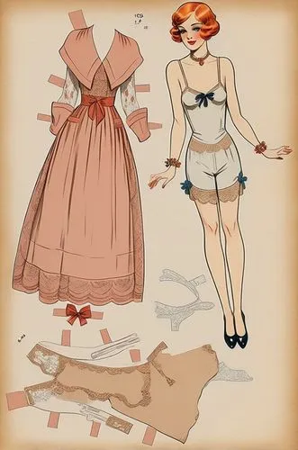 Vintage Paper dolls 1920s women in  shirt,  lace  french knickers with  shoe standing with a set of elegant 1920s dress full color colorful 1920s fashion 1920s clothing,vintage paper doll,retro paper 