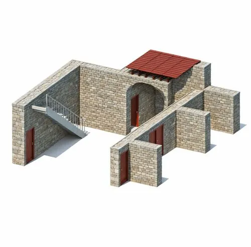 A 3d rendering of a small stone building with a red tiled roof. The building has a rectangular shape with a flat roof and a set of stairs leading up to the entrance. The walls are made of gray stone, 