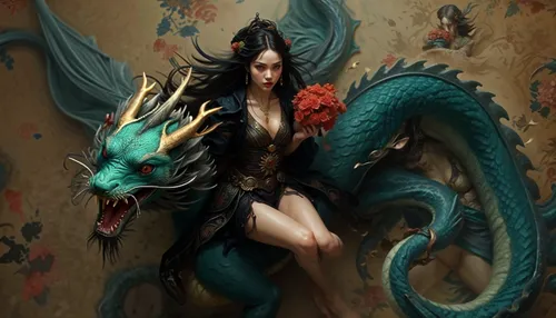 this girl is a dragon in her hand, with the head of a dragon and a red rose in her hand,moondragon,fantasy art,demoness,dragones,fantasy picture,black dragon,sirene,fantasy woman,fantasy portrait,drag