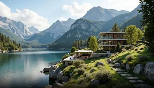 Sweeping mountain ranges, lush green forests, serene lakeshores, rugged rocky cliffs, meandering hiking trails, wildlife habitats, eco-friendly buildings, sustainable architecture, green roofs, solar 