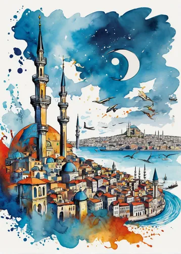 sketchbook style, layout of studies mixture of hand drawing skethes and water color skethes in variety of different scales of fantastical cityscape (istanbul) where mythical creatures coexist with fut