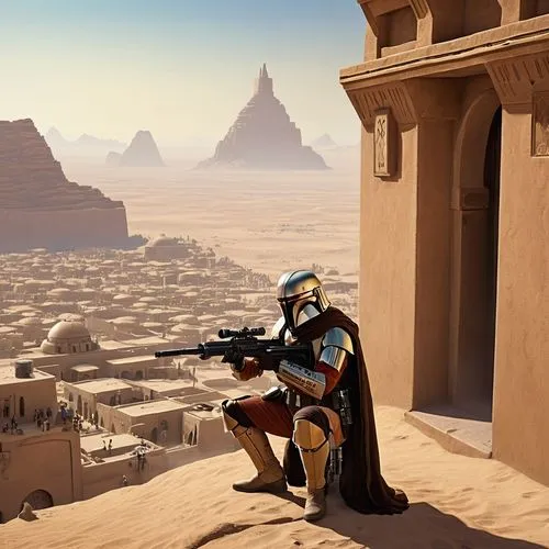 A lone bounty hunter crouches atop a sandstone building in Mos Eisley, scanning the crowd below through the scope of a blaster rifle. Her target, a Rodian smuggler, nervously pushes his way through th