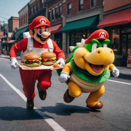 Mario and Koopa running a marathon eating burgers  movie parody post production, Sony Alpha IV, Kodak Color 35mm, in the style of 32K raw, UHD.


,mario's burger mascot is running down the street,mari