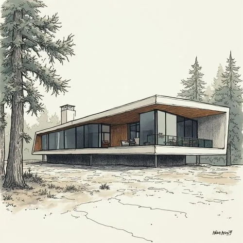 /imagine Modern solar house, architectural rendering, minimalist design, large windows, pine trees, floor plan, elevation drawings, clean style,a rendering of the exterior and outside of a building,mi