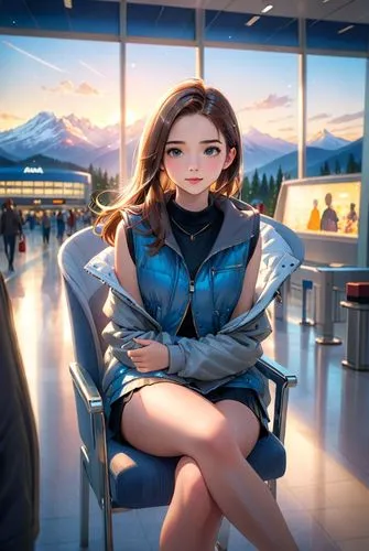 an abime of a beautiful Caucasian young woman, 24 years old, with long brown hair, wearing a sleeveless black top with a neckline and a gray jacket with a gray skirt, she is seated in a chair with a j