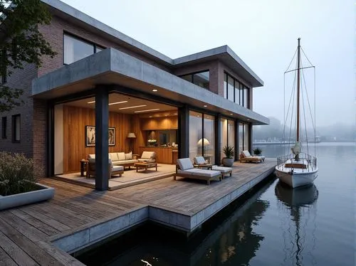 Waterfront boathouse, rustic wooden docks, nautical ropes, sailboat masts, luxurious interior design, floor-to-ceiling windows, sliding glass doors, minimalist chic decor, reclaimed wood accents, indu