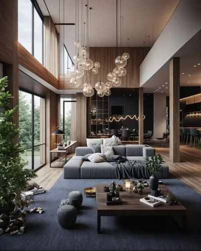 Interior design,an elegantly decorated living room is surrounded by wood paneling,luxury home interior,modern living room,interior modern design,loft,living room,minotti,Photography,General,Realistic