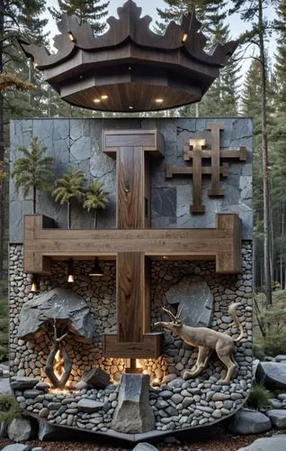 a stone church with some statues on the front,shrine,the eternal flame,fire pit,summit cross,shrines,forest chapel,fire place,memorial cross,spa water fountain,enshrines,wishing well,crematorium,pilgr