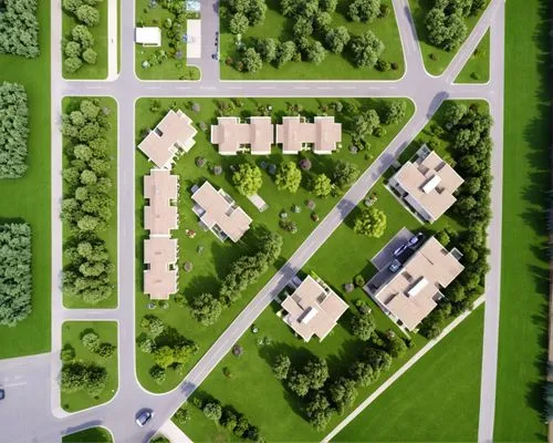 I want a design for this residential complex. Add a parking space for 30 cars and add a children's play area with trees, green spaces and a path for the ambulance.,an aerial s of a green and beautiful