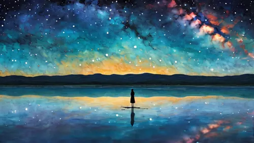 In the evening, a woman stood in the salt lake. The water surface was like a mirror, reflecting the sky.  Look at the sky, the Milky Way is in the sky.,space art,universe,the night sky,the universe,as