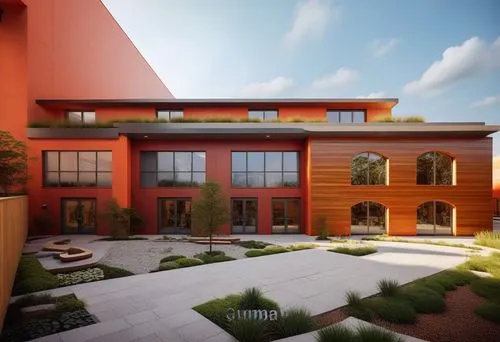 an apartment building with modern style landscaping,cohousing,3d rendering,townhome,townhomes,render,passivhaus,modern house,lofts,new housing development,3d rendered,renderings,sketchup,smart house,r