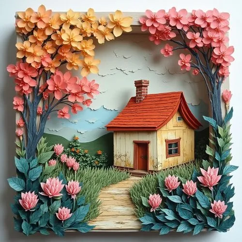 Small house among with flowers in Spring, neo-impressionism expressionist style oil painting, smooth post-impressionist impasto acrylic painting, thick layers of colourful textured paint,this is a 3d 