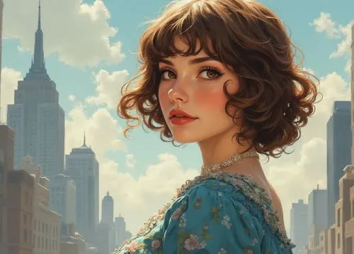 A detailed digital illustration of a woman with an airy beauty, dressed in a vintage blue dress with a floral motif. Her hair, a kaleidoscope of brown and white, frames her face, while the background 