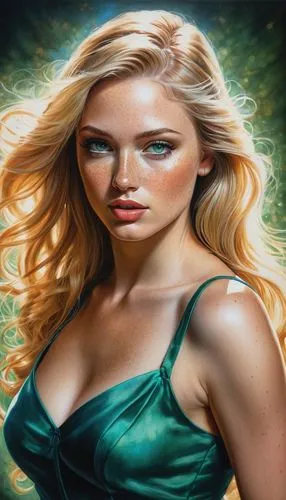 acrylic /  pencil drawing of a beautiful buxom 20s woman with freckles and long blonde hair, high cheek bones, slight  smile and sparkling green-blue eyes, smokey eye makeup, pouting lips, amazing bac