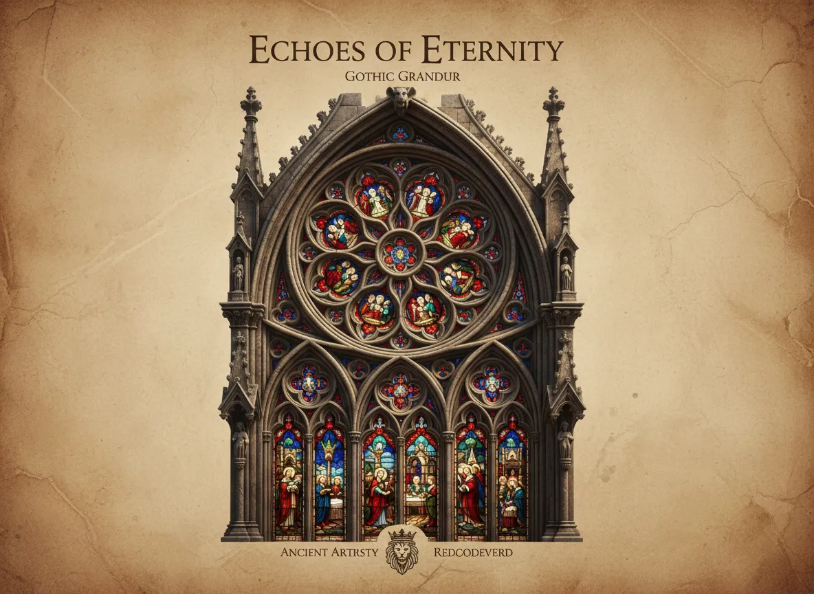 Una vista ravvicinata di un poster generato da AI che mostra la complessa lavorazione in pietra e le vetrate dettagliate di una finestra gotica.