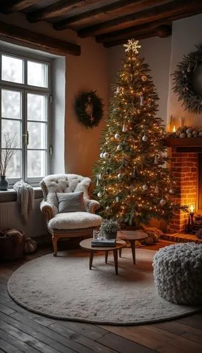 A rustic Christmas wallpaper featuring cozy interiors, styled with monochrome tones, evoking a festive and cheerful atmosphere.,a living room filled with furniture and a tree,christmas fireplace,chris
