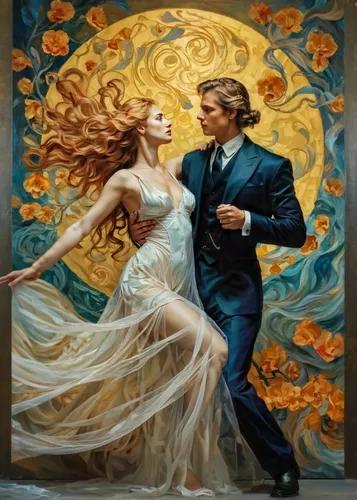 dancing couple,argentinian tango,ballroom dance,oil painting on canvas,dance with canvases,romantic portrait,vintage man and woman,waltz,wedding couple,latin dance,salsa dance,fantasy picture,golden w