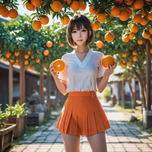 anime character,japanese style,girl,oranges,a woman holding two oranges in front of a grove of orange trees,oranges,mandarin oranges,tangerines,asian green oranges,orange,citrus,Photography,General,Re