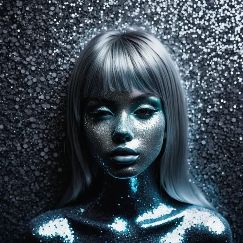 Make your product stand out with a shimmering silver glitter background.,silver,silvery blue,silvery,silver blue,humanoid,dark portrait,neon body painting,aura,metallic,silver surfer,blue light,biolum