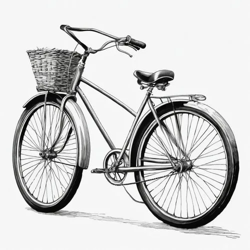 A black and white ink drawing of a classic-style bicycle, rendered with a slightly sketchy, hand-drawn aesthetic. The bicycle is shown in a three-quarter view, angled slightly to the right. The bicycl