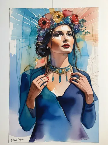 a watercolor portrait of a woman ,watercolor women accessory,bohemian art,blue painting,art painting,watercolor frame