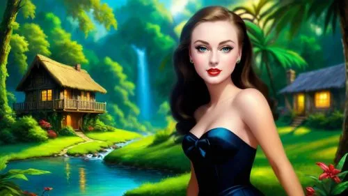 Romantic masterpiece oil painting, beautiful girl portrait, nostalgic 1950's style kitsch, vibrant rainforest landscape, lush tropical jungle paradise, beautiful natural scenery, lost wilderness cotta