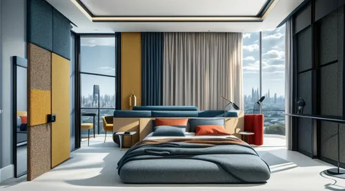 luxury hotel room, door, full-height windows, window, city outside,sun,day,blackouts,curtains on the windows,modern room,sky apartment,interior modern design,room divider,modern decor,interior design,