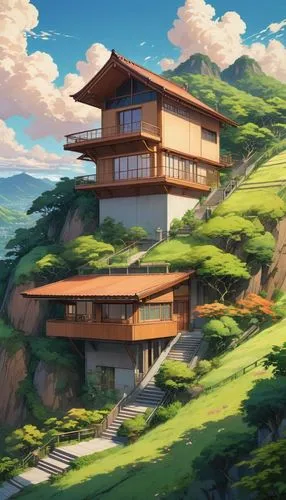 A detailed oil painting: a modern, minimalist house with four floors, brown wood, and a sloped roof, stands on a gentle slope. The warm-hued hill and greenery add warmth, while the composition's symme