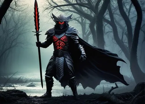 Ancient alien, Xothian warrior, muscular male, scaly skin, sharp teeth, glowing red eyes, intricate armor, metallic scales, flowing cape, sword in hand, standing heroically, misty swamp, twisted trees