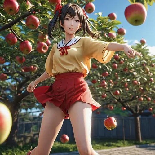 flying anime character,japanese style,girl,apples,a girl holding a banana and standing in the park,nanako,litchi,ripe apple,apple harvest,apple orchard,apple picking,Photography,General,Realistic