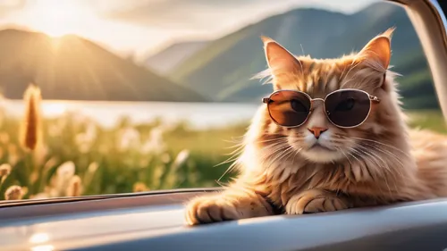 The healing cute style of natural scenery, the cute animal image with thin-rimmed metal-framed glasses, the warm and bright sunny atmosphere in the background, and the beautiful scene of leisure.  ,vi
