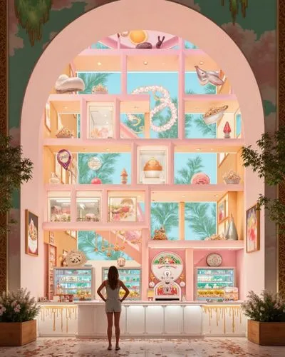 a girl stands in the entrance way of a retail store,aquariums,aquarium,hotel lobby,mermaid background,bathhouse,hotel riviera,ballroom,hotel hall,resort,treasure hall,aqua studio,lobby,art gallery,dia