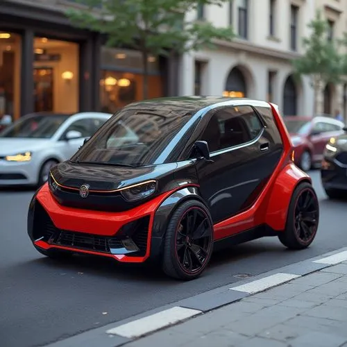 A compact urban city car designed for effortless maneuverability in crowded city streets. The car’s body has a geometric, angular shape with distinct, sharp lines, and a two-tone color scheme in bold 