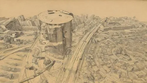 DESENHA NA INTEGRA AS LINHAS SEM ALTERAR A FOTO,a drawing of a large building in the middle of a city,bird's-eye view,bird's eye view,overhead view,aerial passenger line,metropolis,aerial landscape,el