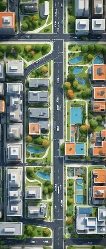 Modern zoning diagram, futuristic architecture, urban planning, grid system, colorful blocks, 3D visualization, detailed shading, soft lighting, aerial view, bird's eye view, cityscape, skyscrapers, g